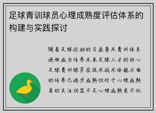 足球青训球员心理成熟度评估体系的构建与实践探讨 足球青训球员心理成熟度评估体系的构建与实践探讨