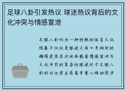 足球八卦引发热议 球迷热议背后的文化冲突与情感宣泄 足球八卦引发热议 球迷热议背后的文化冲突与情感宣泄