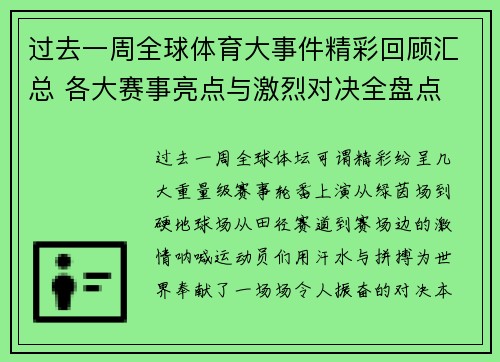 过去一周全球体育大事件精彩回顾汇总 各大赛事亮点与激烈对决全盘点