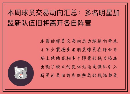 本周球员交易动向汇总：多名明星加盟新队伍旧将离开各自阵营